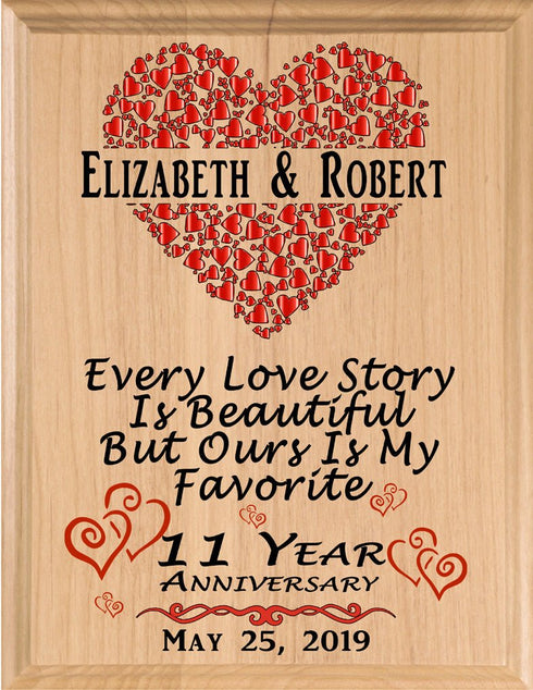 11 Year Anniversary Gift – Personalized Plaque with “Every Love Story Is Beautiful” Inscription