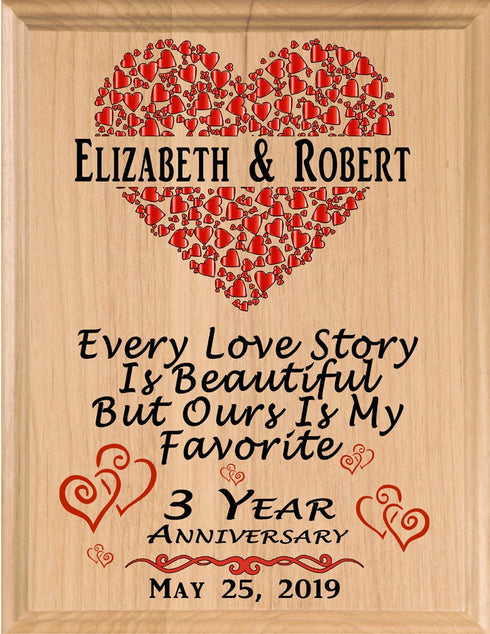 3 Year Anniversary Gift – Personalized Plaque with “Every Love Story Is Beautiful” Inscription