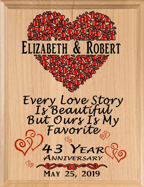 43 Year Anniversary Gift – Personalized Plaque with “Every Love Story Is Beautiful” Inscription
