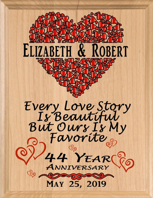 44 Year Anniversary Gift – Personalized Plaque with “Every Love Story Is Beautiful” Inscription