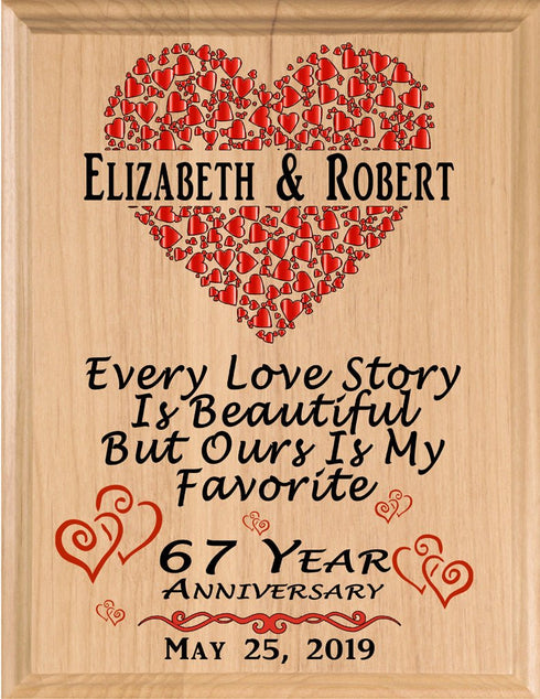 67 Year Anniversary Gift – Personalized Plaque with “Every Love Story Is Beautiful” Inscription