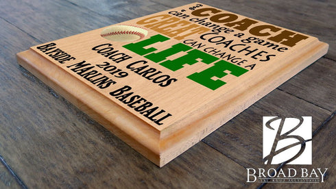 Custom Baseball Coach Gift – Personalized Wood Plaque with Name & Year – “Great Coaches Change Lives” – Solid Wood – USA Made – 11x8.5