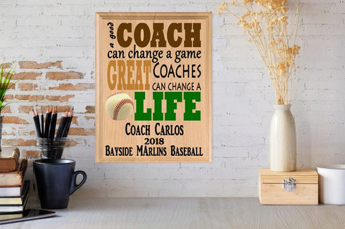 Custom Baseball Coach Gift – Personalized Wood Plaque with Name & Year – “Great Coaches Change Lives” – Solid Wood – USA Made – 11x8.5
