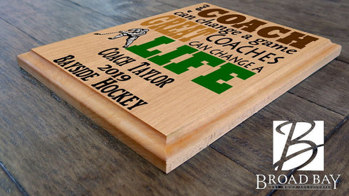 Custom Ice Hockey Coach Gift – Personalized Wood Plaque with Name & Year – “Great Coaches Change Lives” – Solid Wood – USA Made – 11x8.5