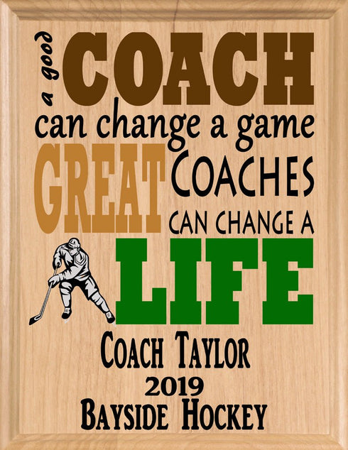 Custom Ice Hockey Coach Gift – Personalized Wood Plaque with Name & Year – “Great Coaches Change Lives” – Solid Wood – USA Made – 11x8.5