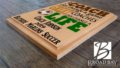 Custom Soccer Coach Gift – Personalized Wood Plaque with Name & Year – “Great Coaches Change Lives” – Solid Wood – USA Made – 11x8.5