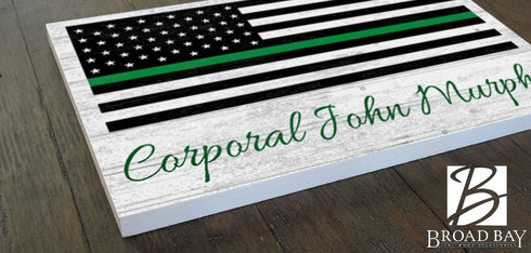 Personalized Thin Green Line Flag Sign – Custom Name Military or Federal Service Tribute | Solid Wood Wall Art