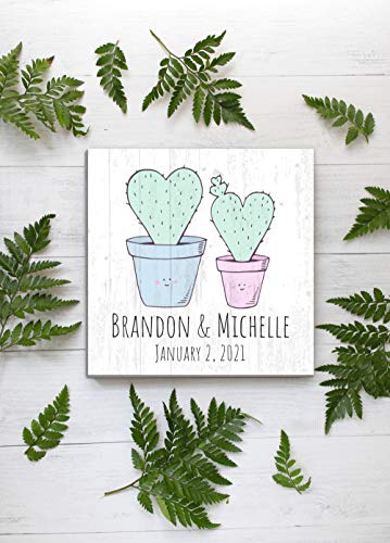 Personalized Wedding Anniversary Sign With Dates And Names Cute Custom Couples Cactus Gift- 10.5in x 10.5in�