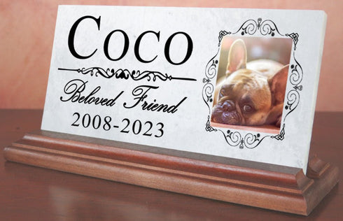 Pet Memorial Plaque With Picture for Shelf or Mantel - Solid Marble - 4" x 8"