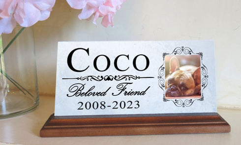 Pet Memorial Plaque With Picture for Shelf or Mantel - Solid Marble - 4" x 8"