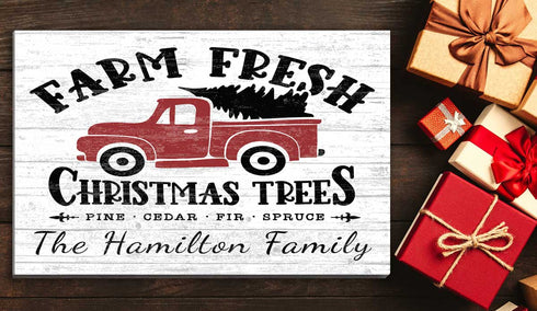 Personalized Red Truck Fresh Christmas Trees Sign - Custom Family Name Holiday Decoration