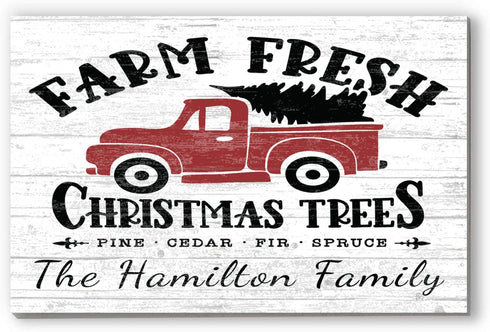 Personalized Red Truck Fresh Christmas Trees Sign - Custom Family Name Holiday Decoration