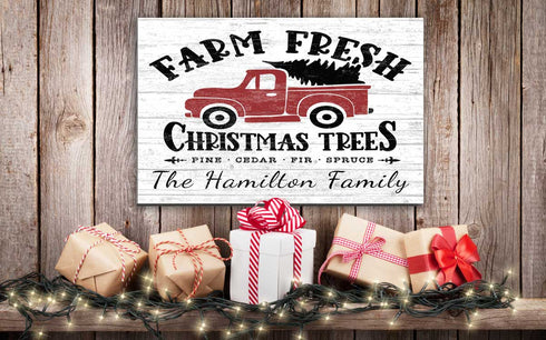 Personalized Red Truck Fresh Christmas Trees Sign - Custom Family Name Holiday Decoration