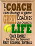 Custom Softball Coach Gift – Personalized Wood Plaque with Name & Message – “Great Coaches Change Lives” – Solid Wood – USA Made – 11x8.5