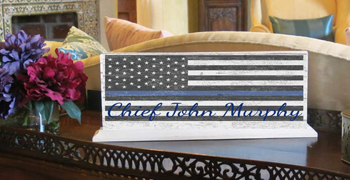 Thin Blue Line Sign Personalized With Name for Mantel or Shelf - SOLID WOOD 16.5in x 6in