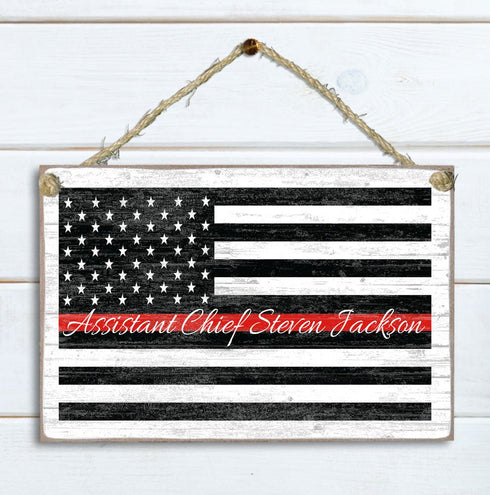Thin Red Line Flag Sign Personalized Name Gift For Firefighter, First Responder or EMS Officer or Family
