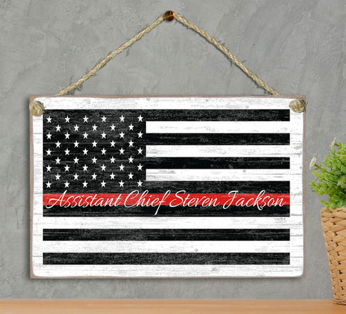 Thin Red Line Flag Sign Personalized Name Gift For Firefighter, First Responder or EMS Officer or Family