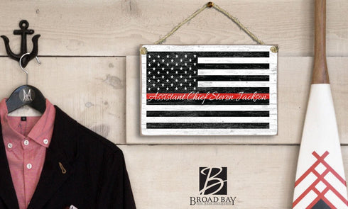 Thin Red Line Flag Sign Personalized Name Gift For Firefighter, First Responder or EMS Officer or Family