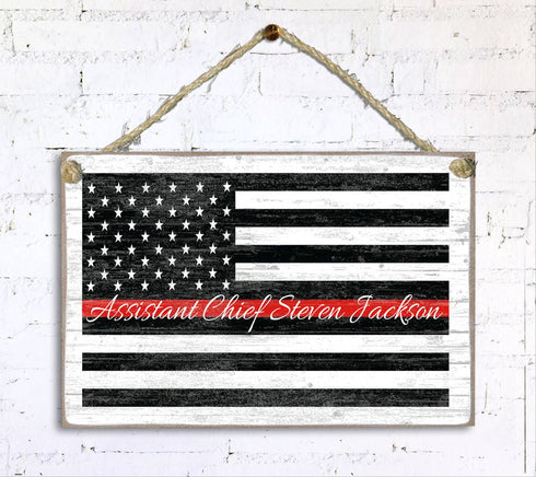 Thin Red Line Flag Sign Personalized Name Gift For Firefighter, First Responder or EMS Officer or Family