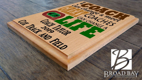 Custom Track Coach Gift – Personalized Wood Plaque with Name & Year – “Great Coaches Change Lives” – Track & Field Design – USA Made – 11x8.5