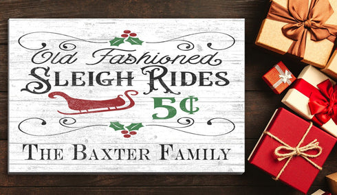 Personalized Vintage Sleigh Rides Christmas Sign - Custom Family Name Holiday Decoration