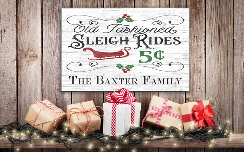 Personalized Vintage Sleigh Rides Christmas Sign - Custom Family Name Holiday Decoration