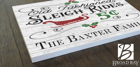 Personalized Vintage Sleigh Rides Christmas Sign - Custom Family Name Holiday Decoration