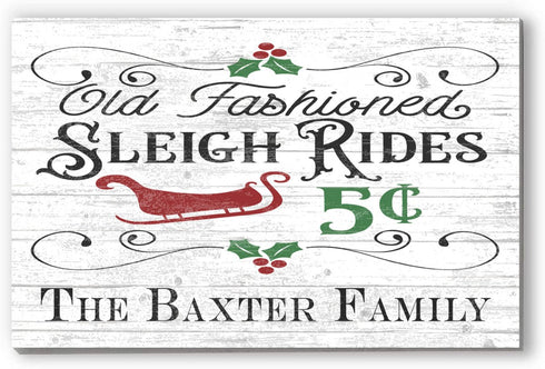 Personalized Vintage Sleigh Rides Christmas Sign - Custom Family Name Holiday Decoration