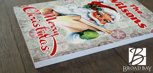 Wooden Vintage Christmas Sign with Family Name Santa Holiday Decoration Gift - Personalized - 16.5" x 10.5"