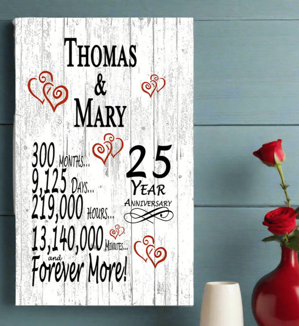 25 Year Anniversary Gift – Personalized 25th Anniversary Plaque with Custom Names