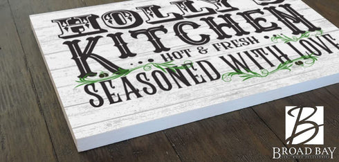 Seasoned With Love Kitchen Sign with Custom Name - Solid Wood - 16.5 x 10.5in