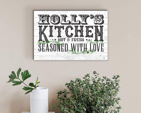 Seasoned With Love Kitchen Sign with Custom Name - Solid Wood - 16.5 x 10.5in