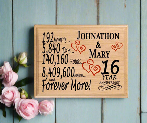 16 Year Anniversary Gift Personalized Plaque 16th Wedding Anniversary Present