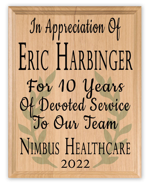Custom Plaque Years of Service Recognition - Solid Wood - 11in x 8.5in
