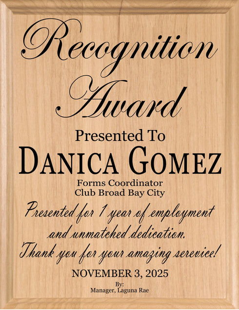 Personalized Recognition Plaque  Custom Appreciation Award Gift - Solid Wood