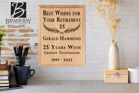Custom Retirement Plaque Best Wishes & Appreciation Gift - Solid Wood - 11in x 8.5in