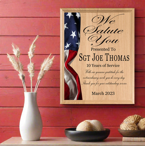 We Salute You Recognition Award Plaque for Military or Law Enforcement Achievement or Retirement