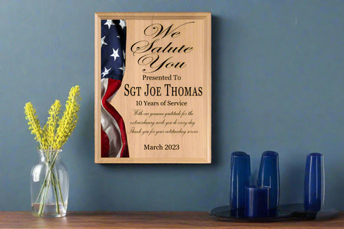 We Salute You Recognition Award Plaque for Military or Law Enforcement Achievement or Retirement