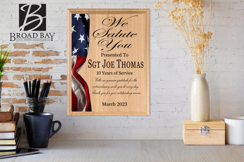 Custom Plaque Recognition Award for Military, Government, Law Enforcement Achievement or Retirement - We Salute You