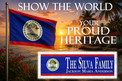 Belize Flag Sign - Personalized Family Name - Custom Wood Belizean Heritage Gift