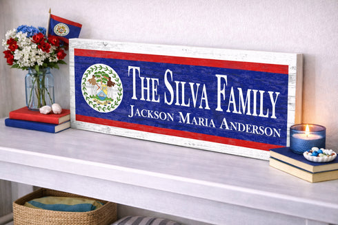 Belize Flag Sign - Personalized Family Name - Custom Wood Belizean Heritage Gift
