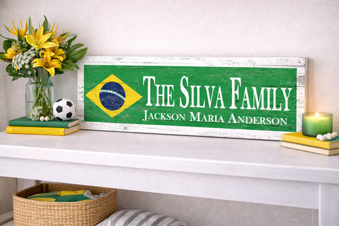 Brazilian Flag Sign - Personalized Family Name - Custom Wood Brazilian Heritage Gift