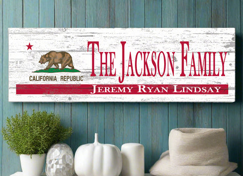 Solid Wood California Flag Sign with Family Names or Established Date