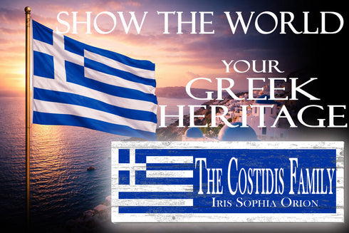 Greek Flag Sign - Personalized Family Name - Custom Wood Greek Heritage Gift