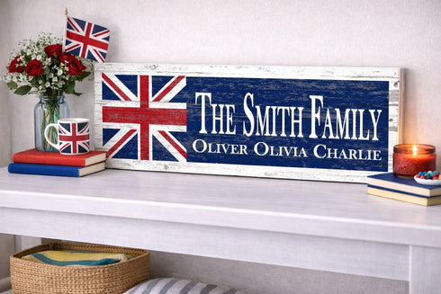 UK Flag Sign - Personalized Family Name - Custom Wood British Heritage Gift