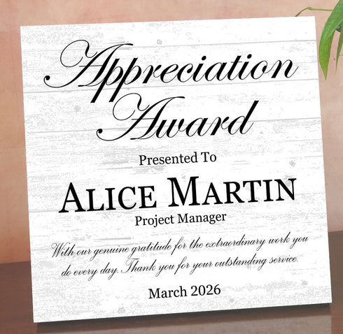 Appreciation Award Plaque – Custom Recognition Gift with Name, Title, Message, & Date