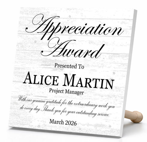 Appreciation Award Plaque - Custom Recognition Gift with Name, Title, Message & Date