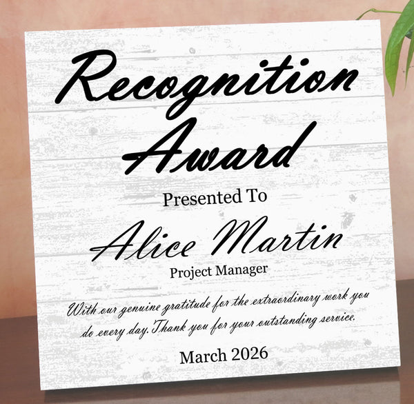 Recognition Award Plaque – Personalized Employee Appreciation Gift with Name, Title, Message & Date