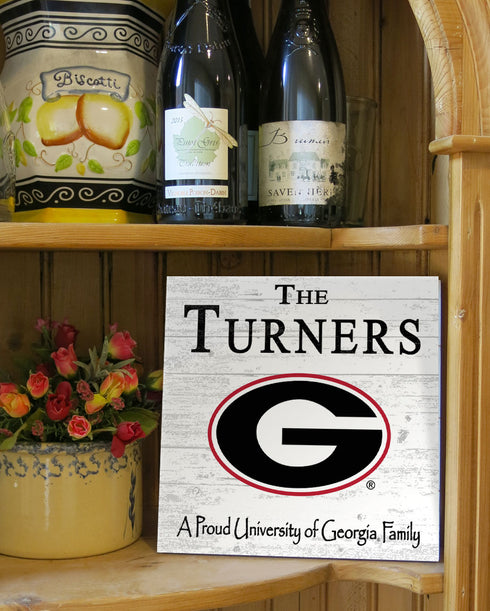 University of Georgia Proud Family Sign – Personalized Bulldogs Family Name Square Wood Plaque – Officially Licensed UGA Decor