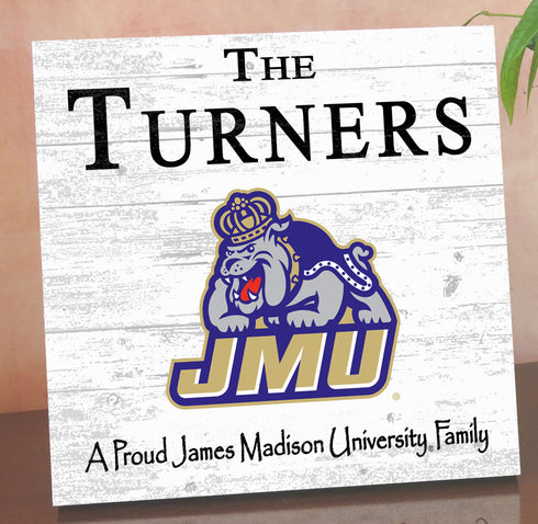 James Madison University Proud Family Sign – Personalized Dukes Family Name Square Wood Plaque – Officially Licensed JMU Decor
